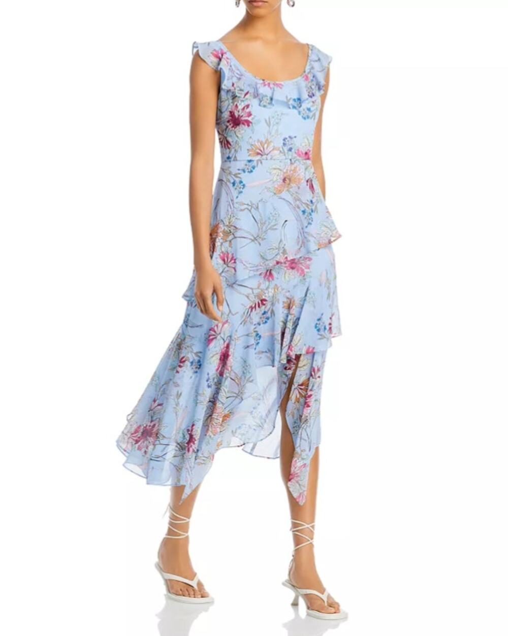 BCBGMAXAZRIA Asymmetric Midi Dress Tiered Ruffle Floral Party Garden Hoco 2